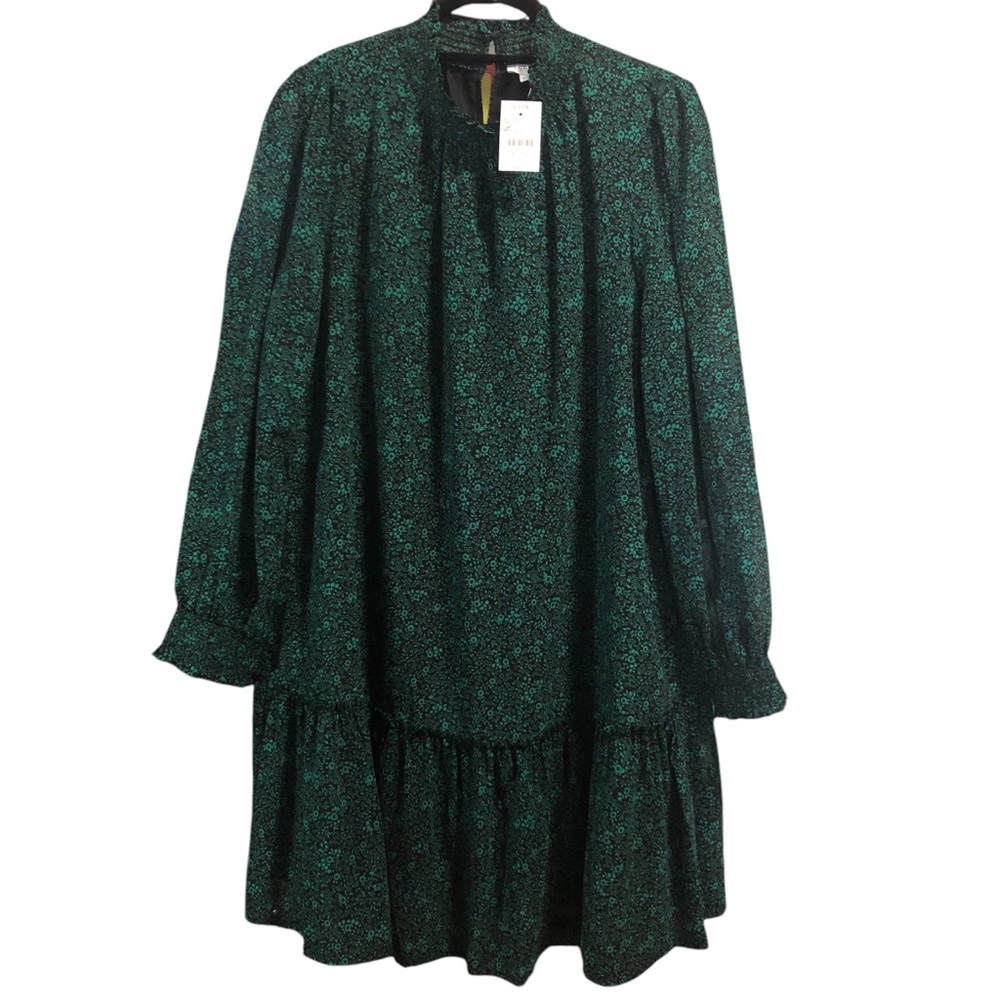 J.CREW N.W.T. Size Large Color Green/Black Floral Print Mini Smocked Drop Waist‎